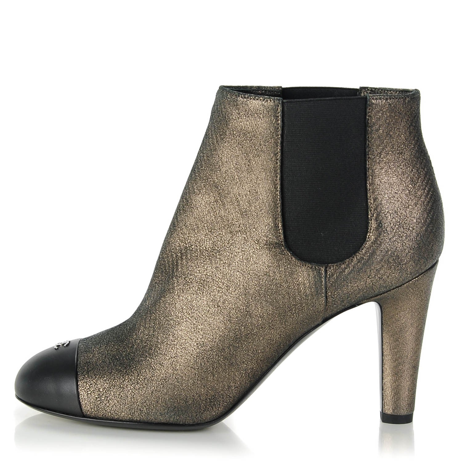 Chanel Metallic Lambskin CC Cap Toe Ankle Boots 38.5 Argent Fonce Black 2 of 15