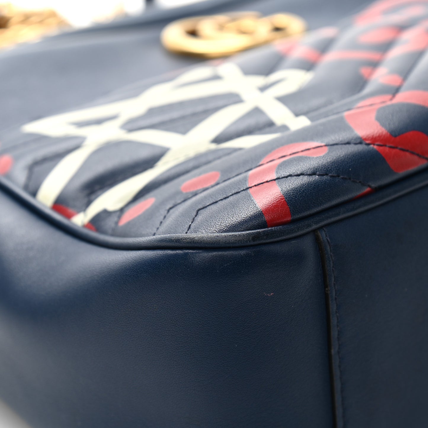 Calfskin Matelasse GucciGhost Medium GG Marmont Chain Shoulder Bag Blue Agata Hibiscus Red