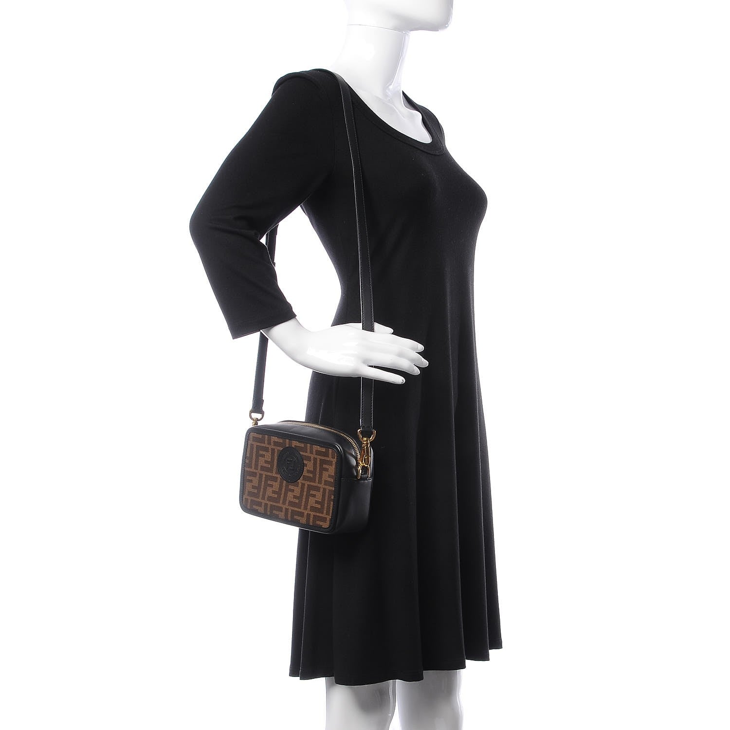 Fendi Glazed Fabric Vitello Century FF 1974 Stamp Patch Mini Camera Case Mogano Panna Black 2 of 7