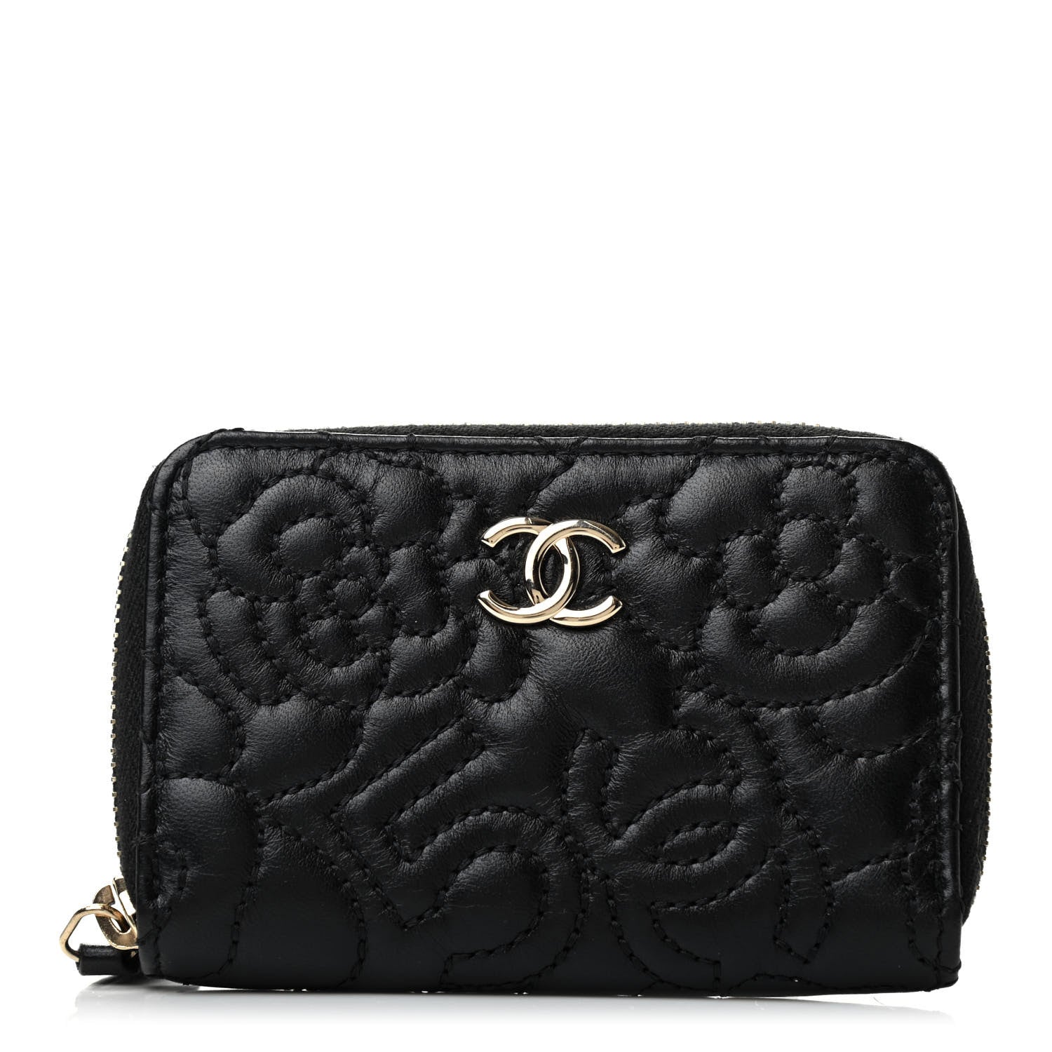 Chanel Lambskin Camellia Embossed Zip Coin Purse Black 1 of 7