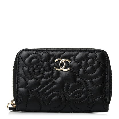 Chanel Lambskin Camellia Embossed Zip Coin Purse Black 1 of 7