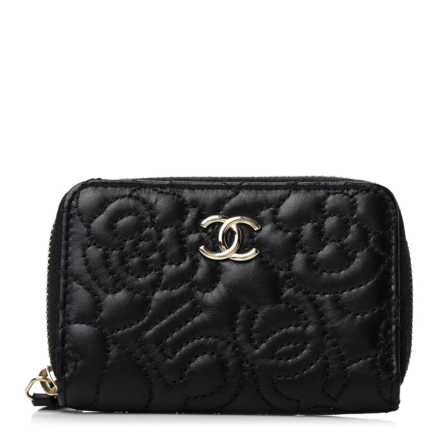 Lambskin Camellia Embossed Zip Coin Purse Black