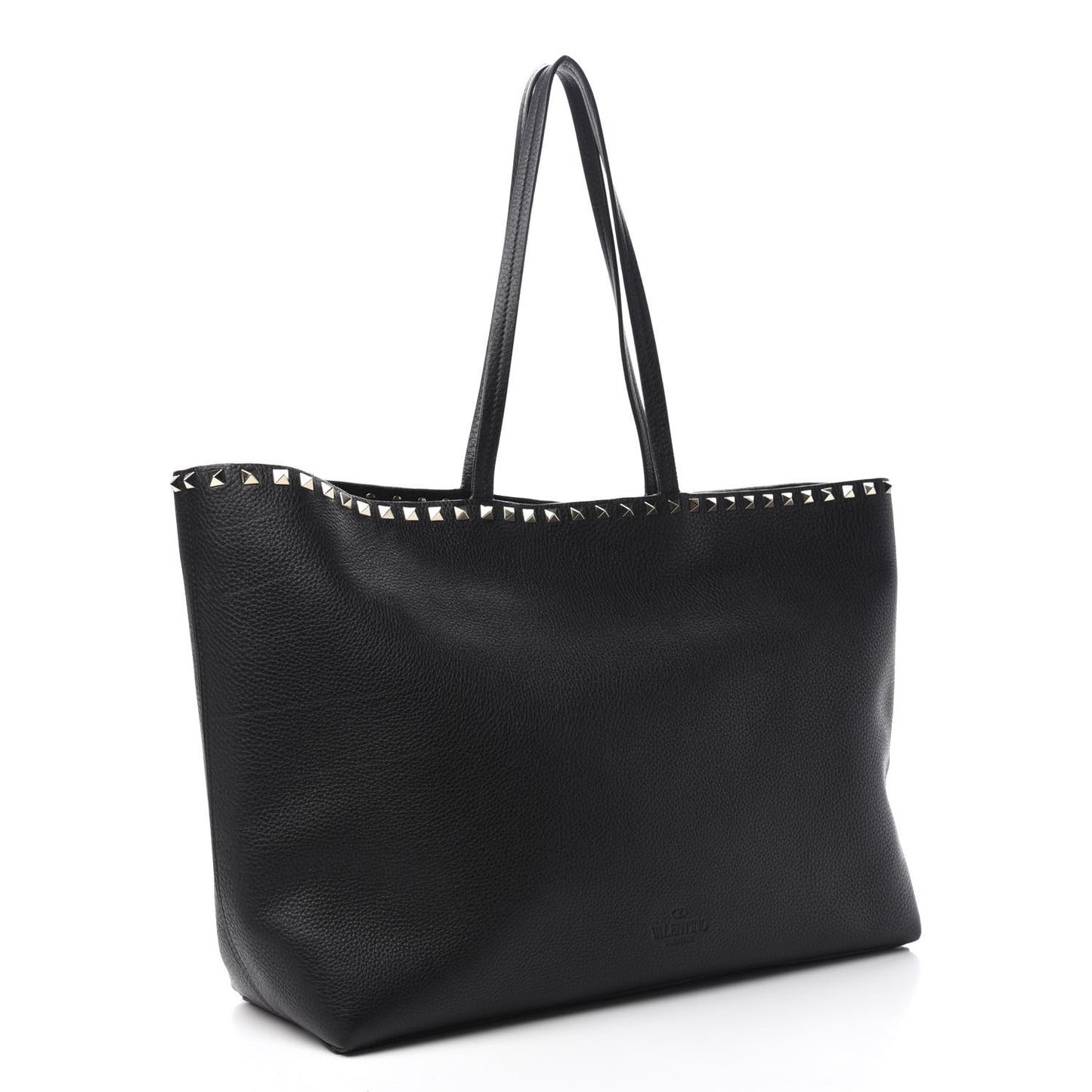 Grained Calfskin Rockstud Shoulder Tote Black