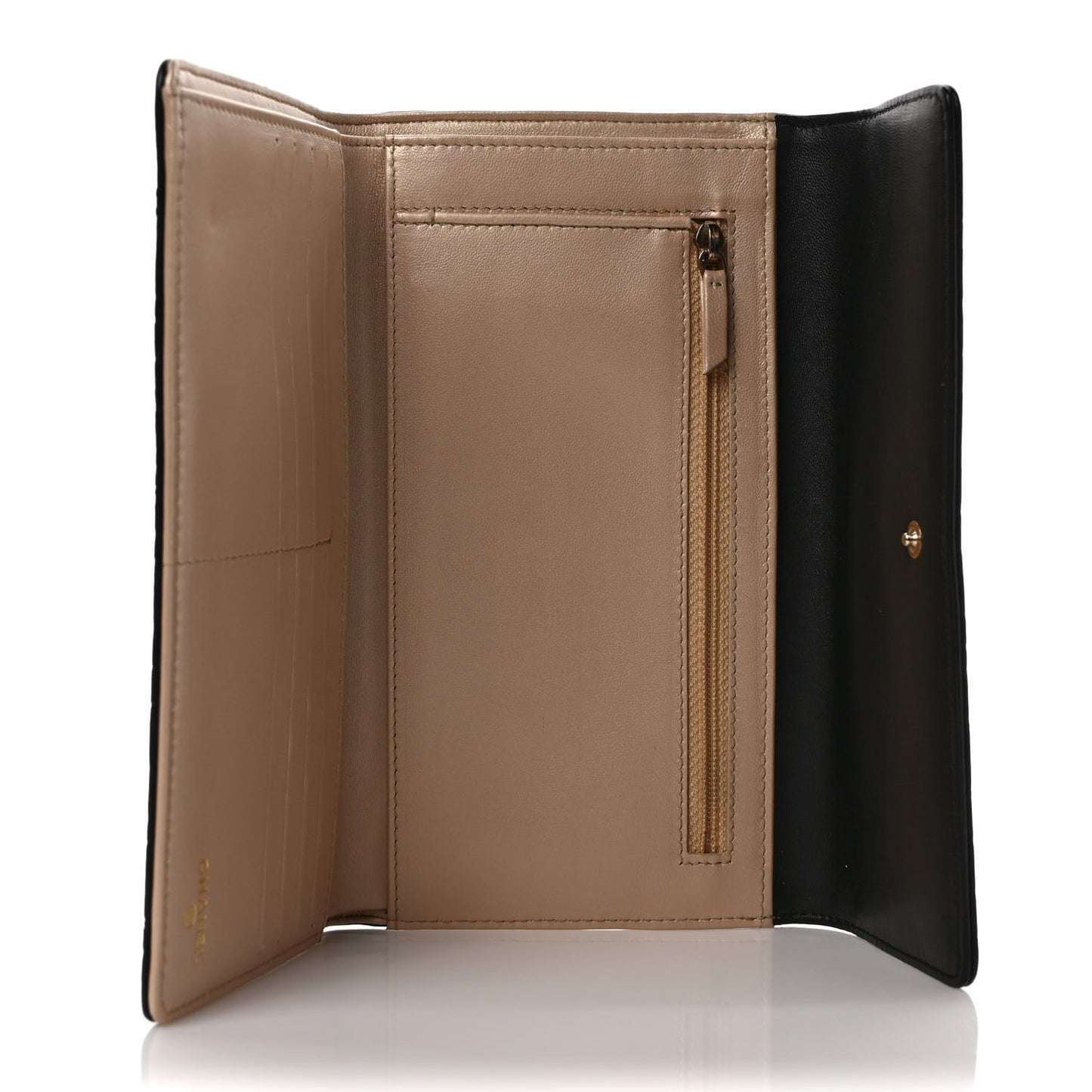 Lambskin Embossed Camellia Large Gusset Flap Wallet Black