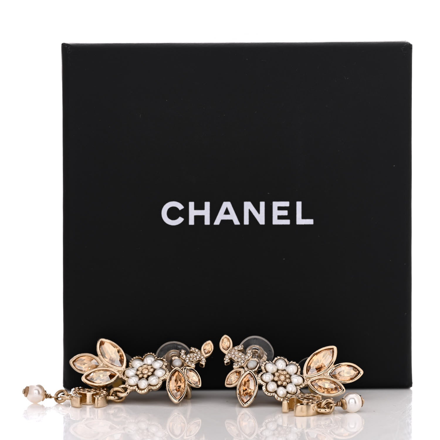Chanel Pearl Crystal CC Flower Cluster Drop Earrings Gold Light Brown Pearly White 5 of 5