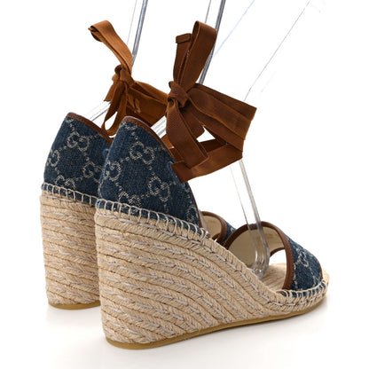Gucci New Denim GG Monogram Ankle Wrap Espadrille Wedge Sandals 38.5 Blue Tea Cuir Epilog 4 of 8