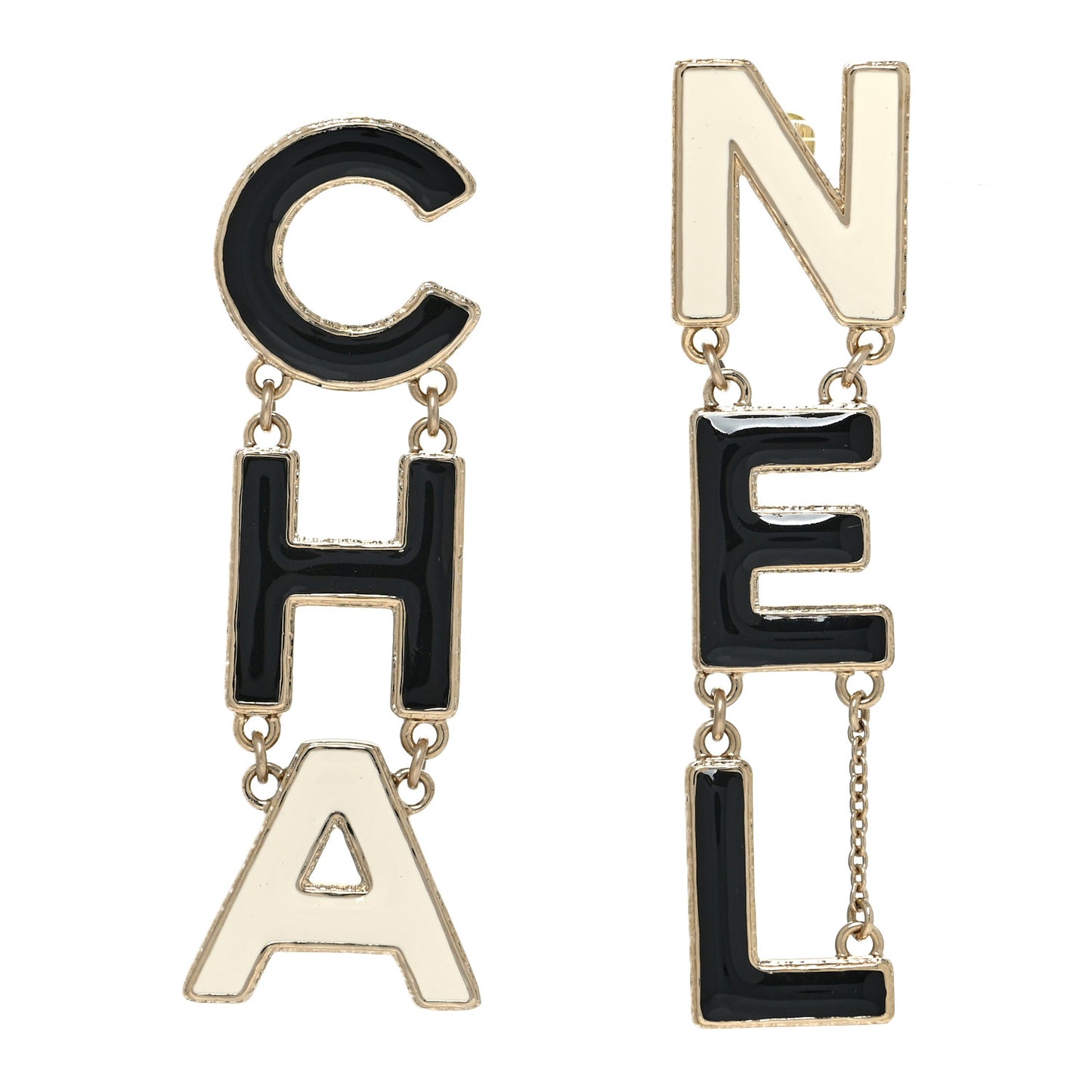 Metal Enamel Cha-Nel Logo Drop Earrings Black White