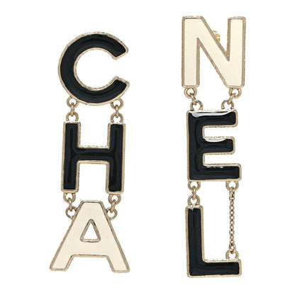 Chanel Metal Enamel Cha-Nel Logo Drop Earrings Black White 1 of 5