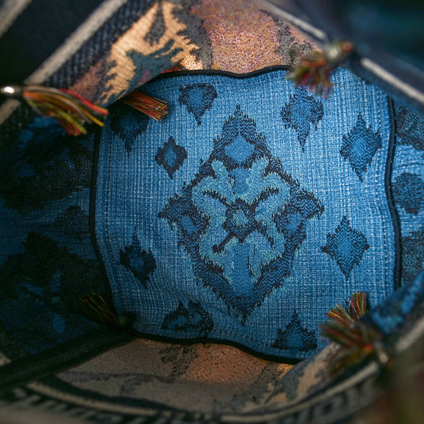 Canvas Embroidered Paisley D-Bubble Bucket Bag Blue Multicolor