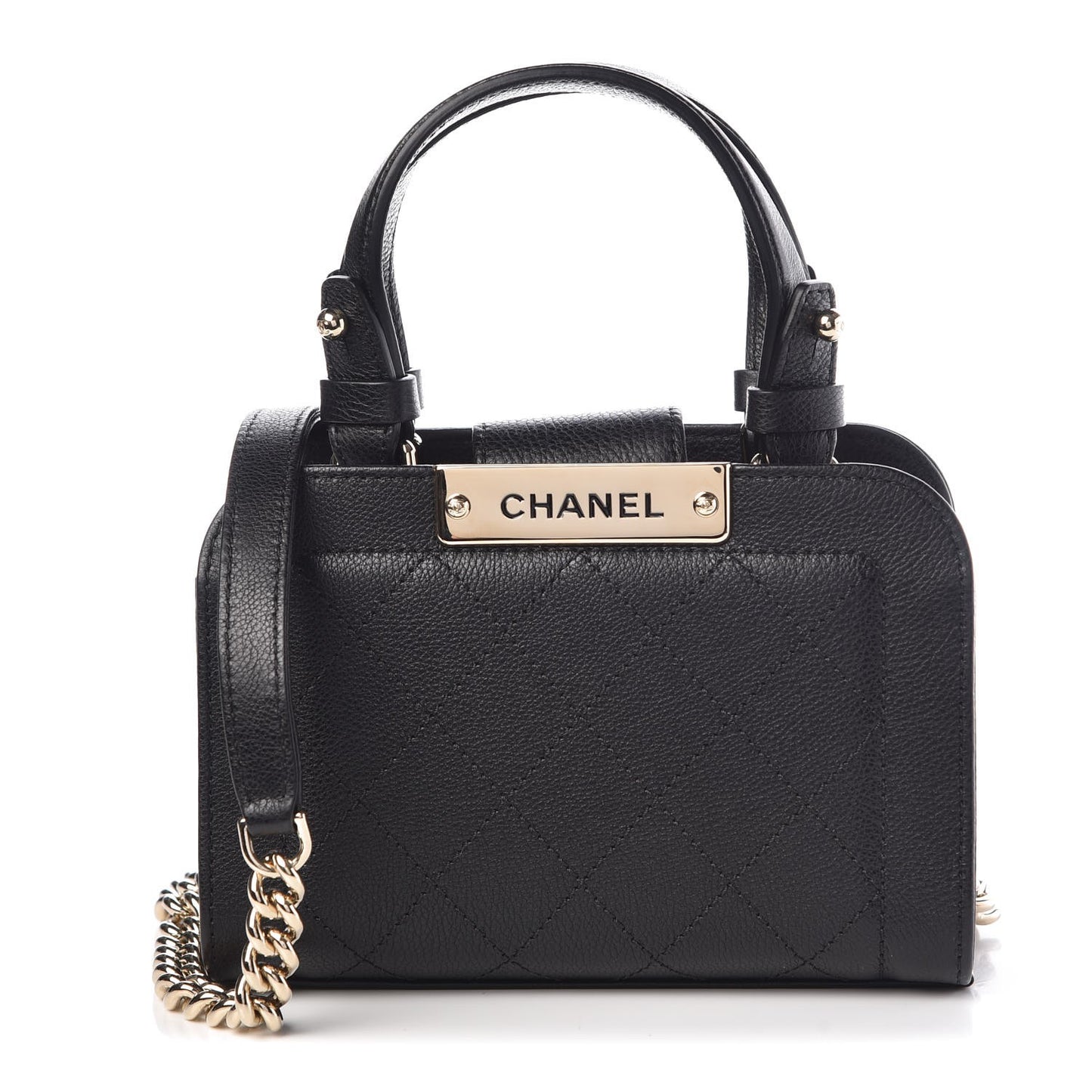 Grained Calfskin Stitched Mini Label Click Shopper Tote Black
