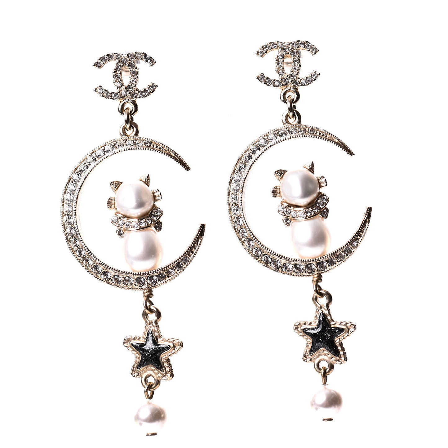 Metal Glass Crystal CC Cat Moon Earrings Gold