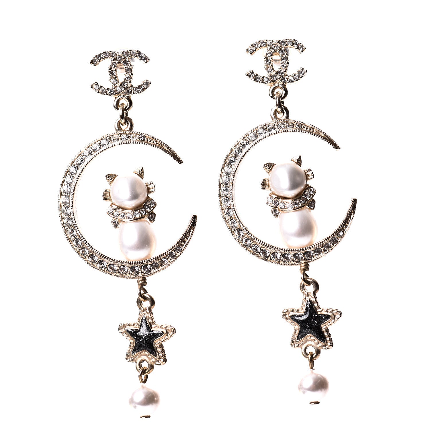 Chanel Metal Glass Crystal CC Cat Moon Earrings Gold 1 of 5