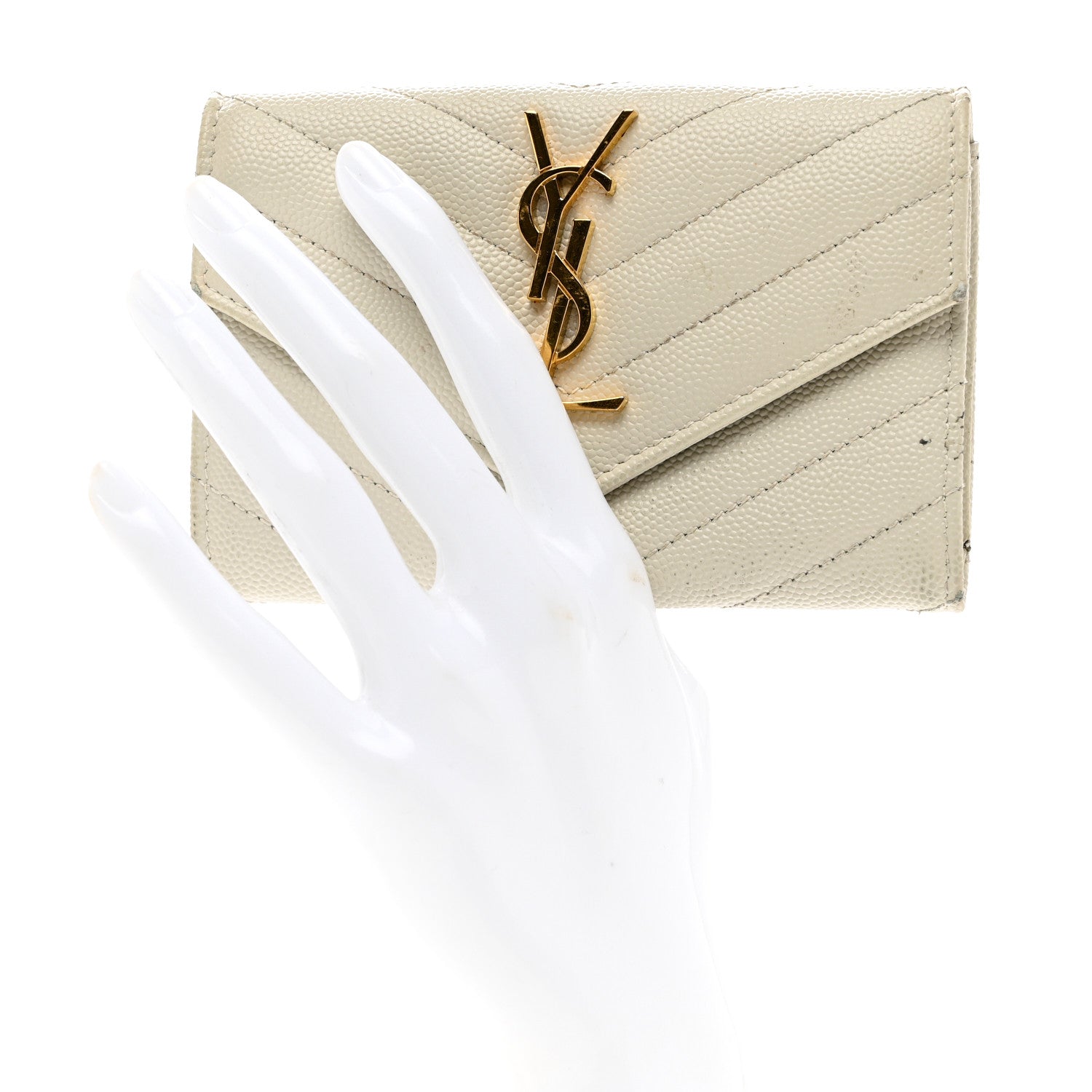Saint Laurent Grain De Poudre Matelasse Chevron Small Monogram Envelope Wallet Crema Soft 2 of 10