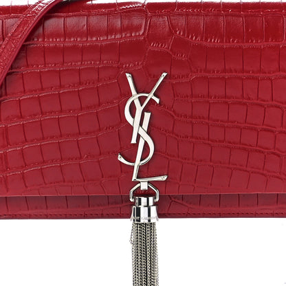 Saint Laurent Calfskin Crocodile Embossed Kate Monogram Tassel Chain Wallet Rouge Eros 7 of 10