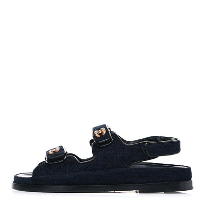 Chanel Velvet Velcro Dad Sandals 37.5 Navy Blue 1 of 12