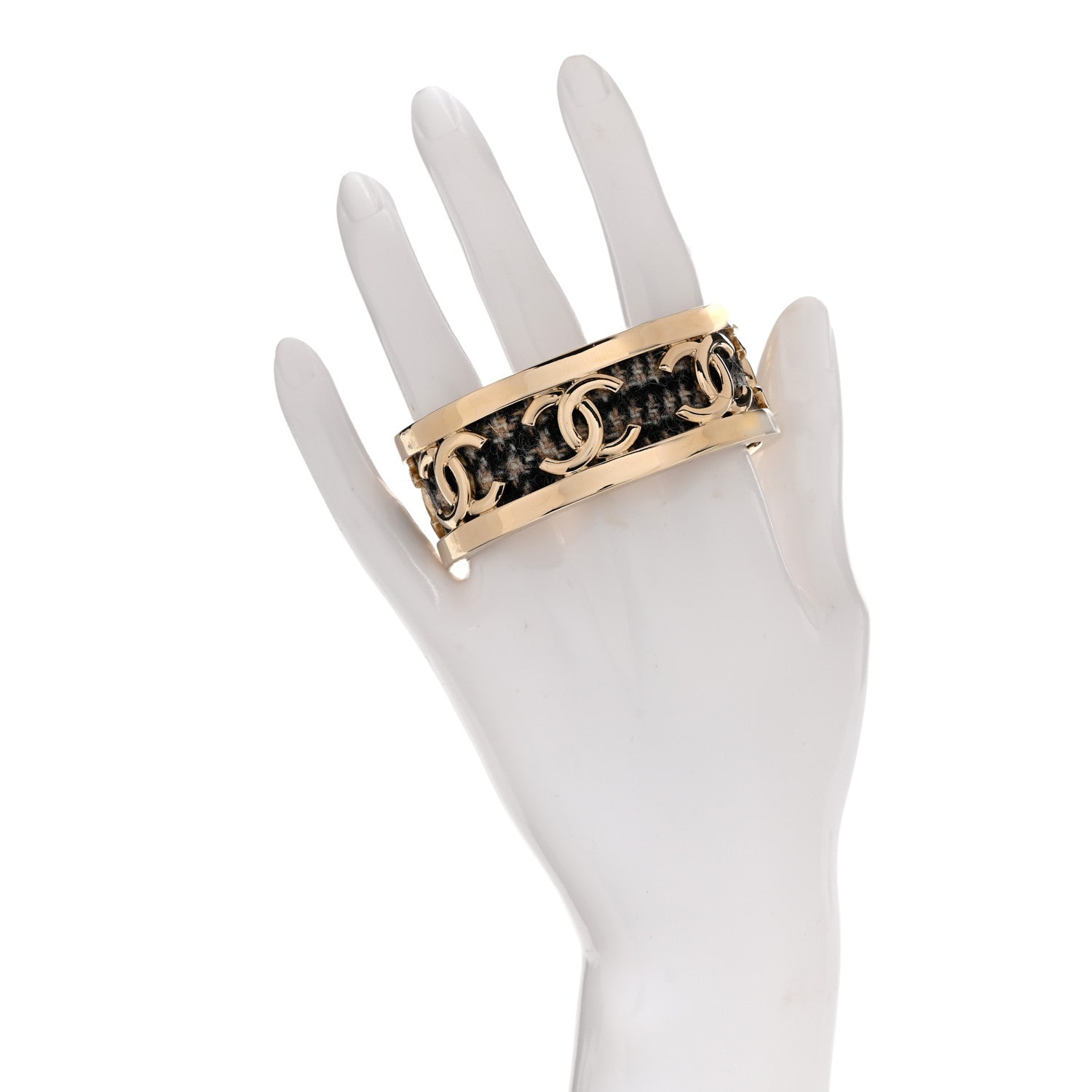 Chanel CC Tweed Cuff Bracelet S Gold Beige Black 2 of 5