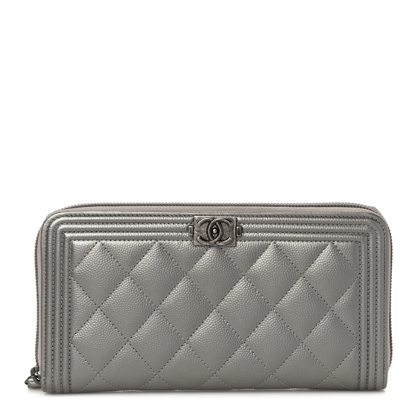 Metallic Caviar Quilted Boy Zip Around Wallet Silver
