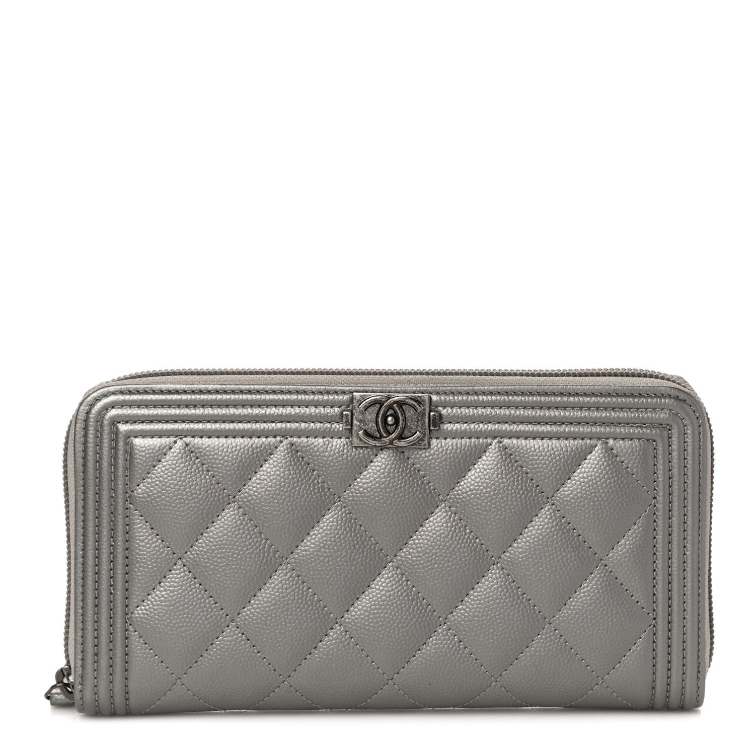 Chanel Metallic Caviar Quilted Boy Zip Around Wallet Silver 1 of 12