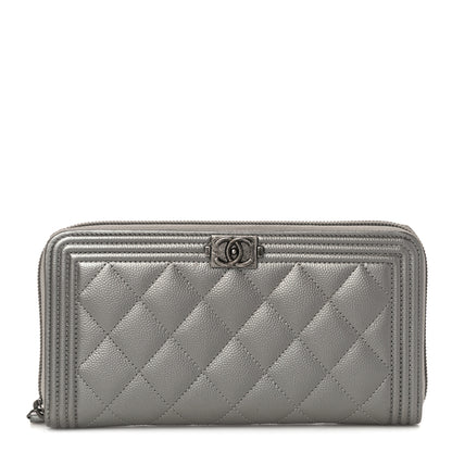 Chanel Metallic Caviar Quilted Boy Zip Around Wallet Silver 1 of 12
