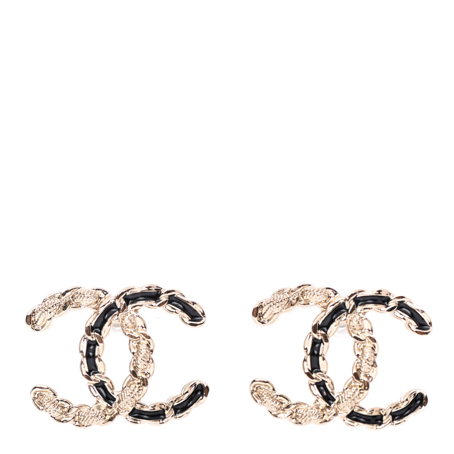 Chanel Enamel Metal Chain French New Wave CC Earrings Black Gold 1 of 4