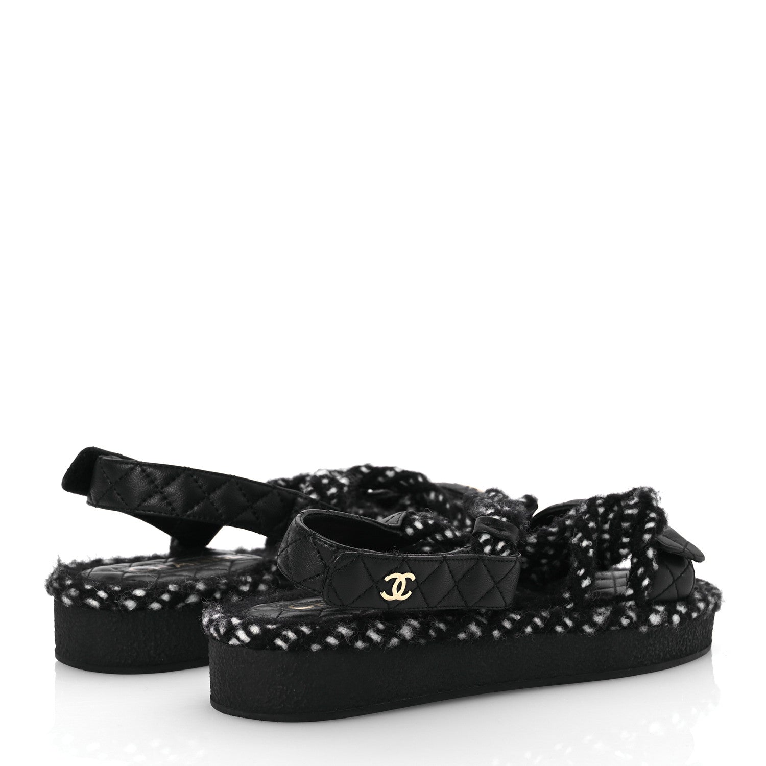 Chanel Cord Lambskin Quilted Logo Sandals 37 Black White 5 of 14