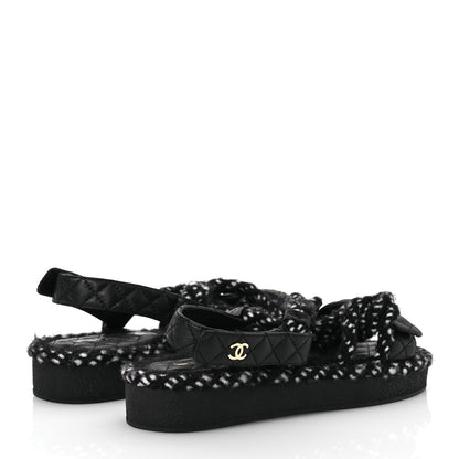 Chanel Cord Lambskin Quilted Logo Sandals 37 Black White 5 of 14