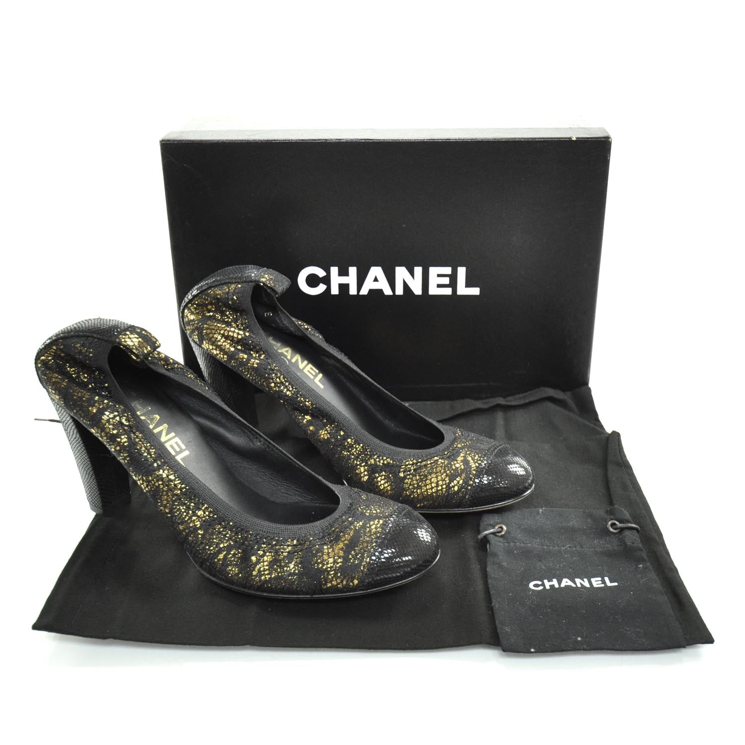 Chanel Snakeskin Embossed Cap Toe Lace Overlay Elastic Heels 38.5 4 of 9
