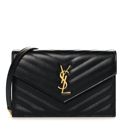 Saint Laurent Grain De Poudre Matelasse Chevron Monogram Envelope Chain Wallet Black 1 of 11