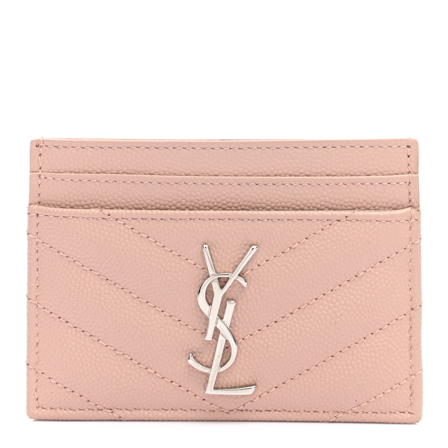 Saint Laurent Grain De Poudre Matelasse Chevron Monogram Credit Card Case Pale Pink 1 of 7