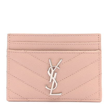 Saint Laurent Grain De Poudre Matelasse Chevron Monogram Credit Card Case Pale Pink 1 of 7