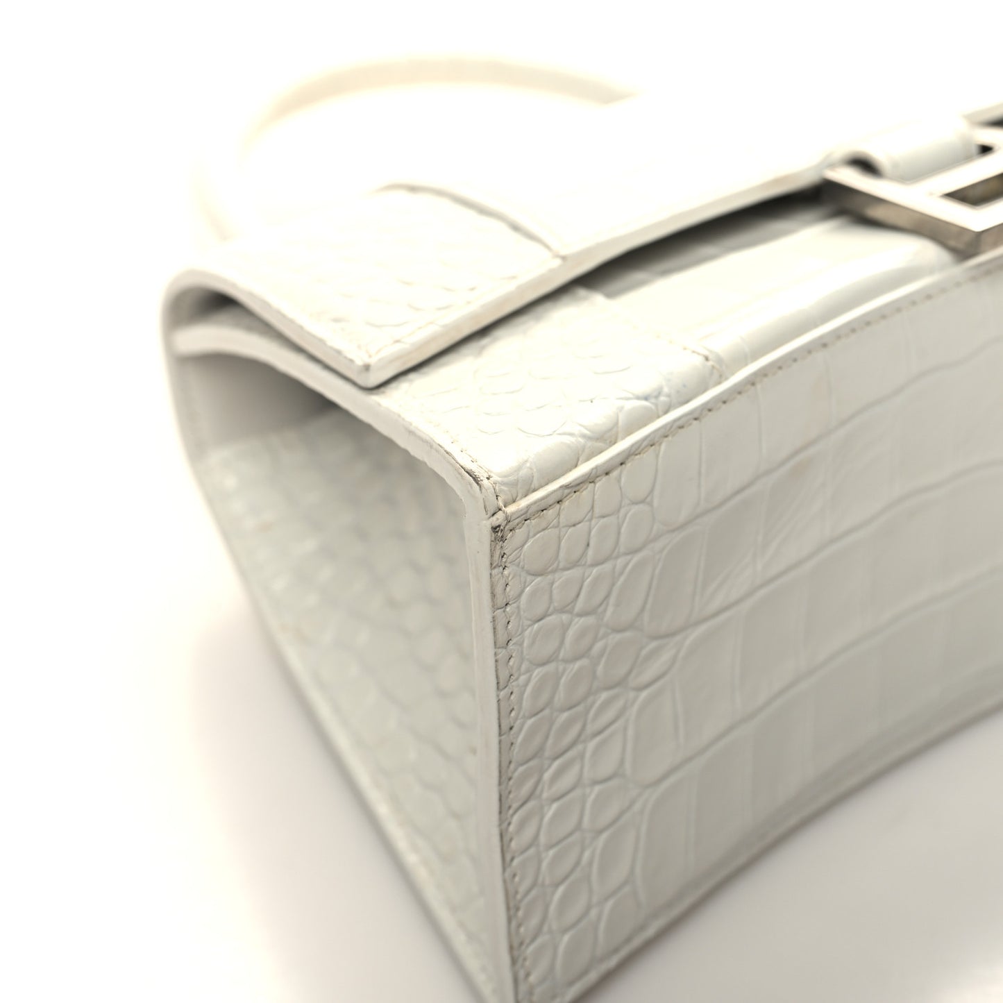 Calfskin Crocodile Embossed Small Hourglass Top Handle Bag White