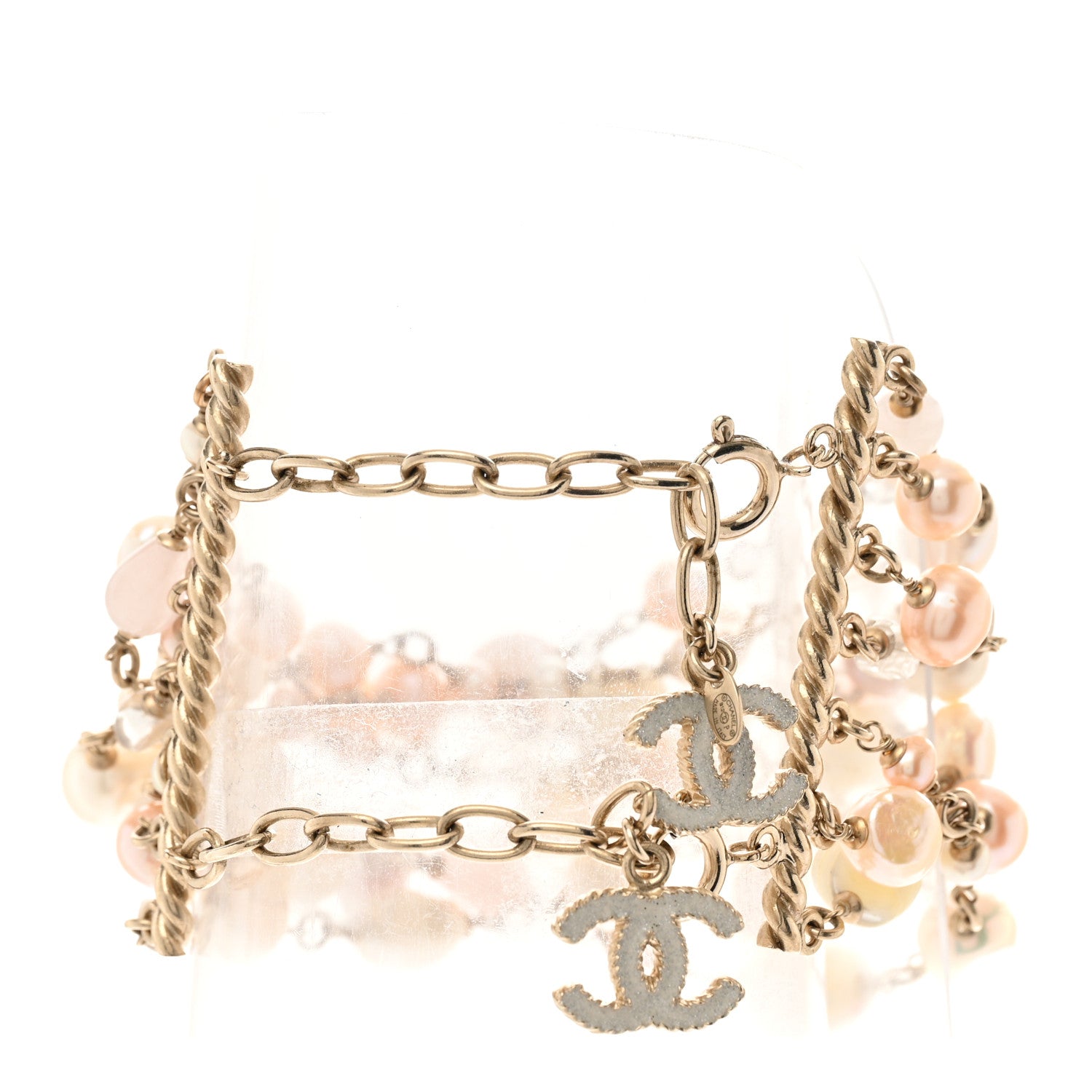 Chanel Pearl Bead CC Multi Strand Bracelet Gold Pink 3 of 6