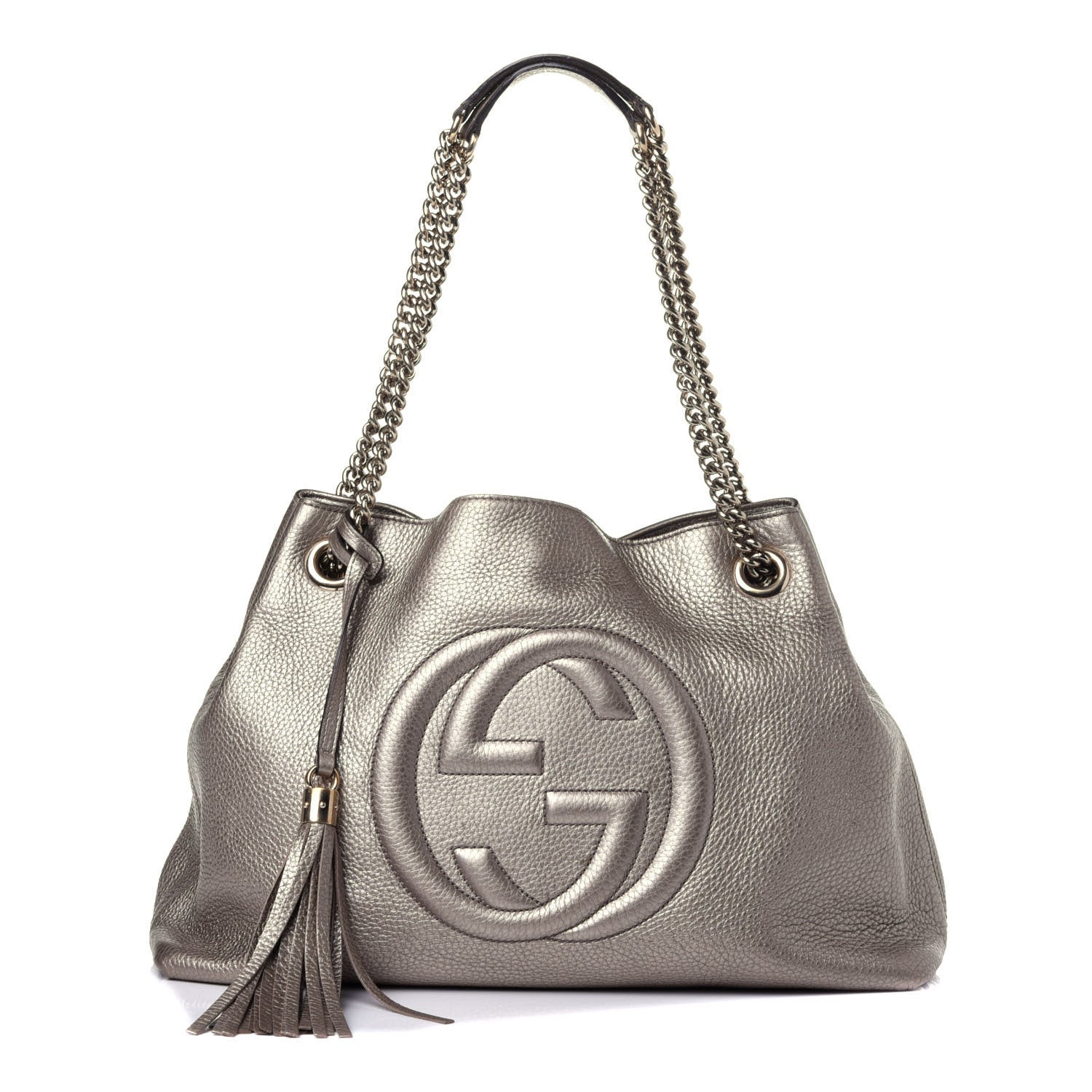 Gucci Metallic Pebbled Calfskin Medium Soho Chain Shoulder Bag Golden Beige 1 of 12