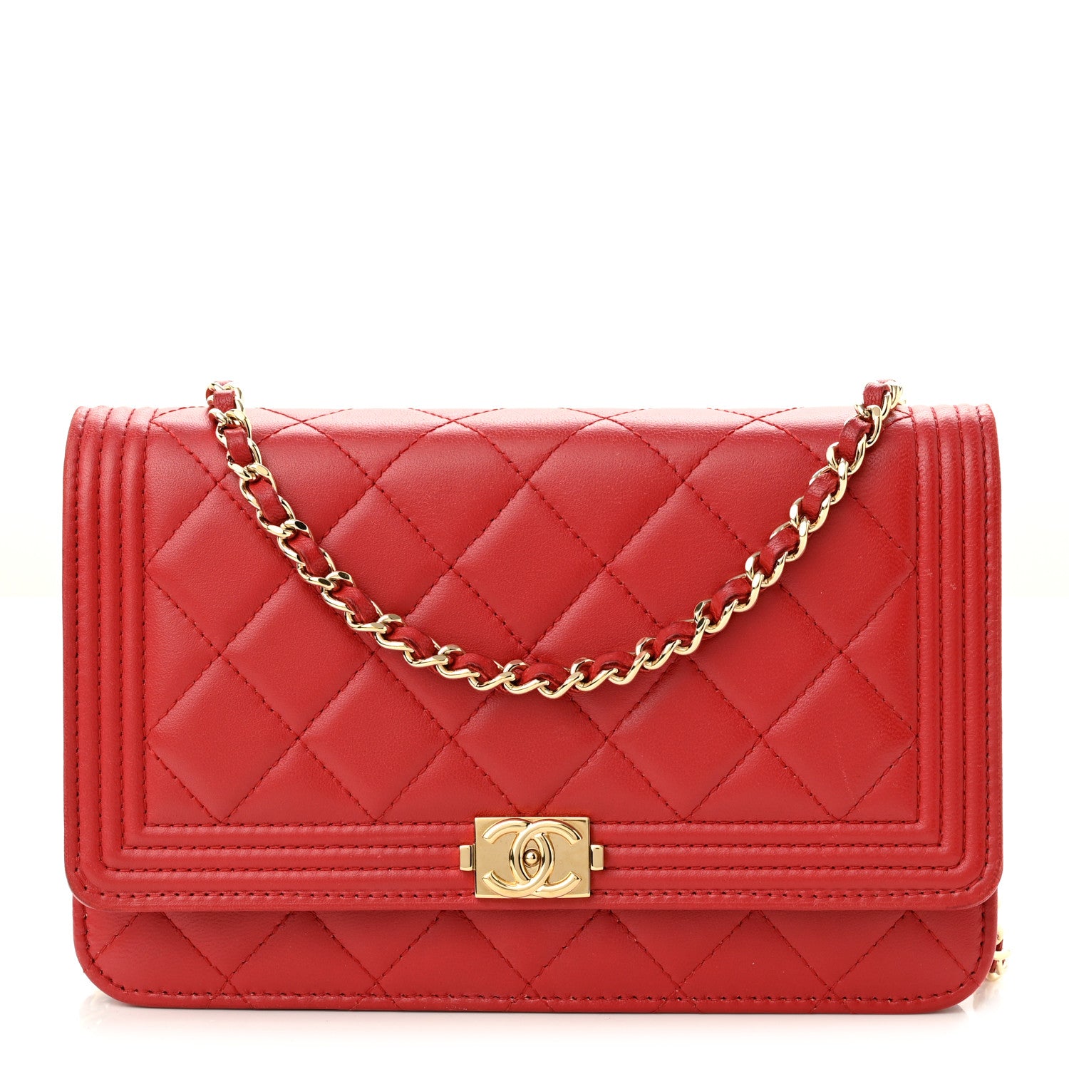Chanel Lambskin Quilted Boy Wallet On Chain WOC Red 1 of 12