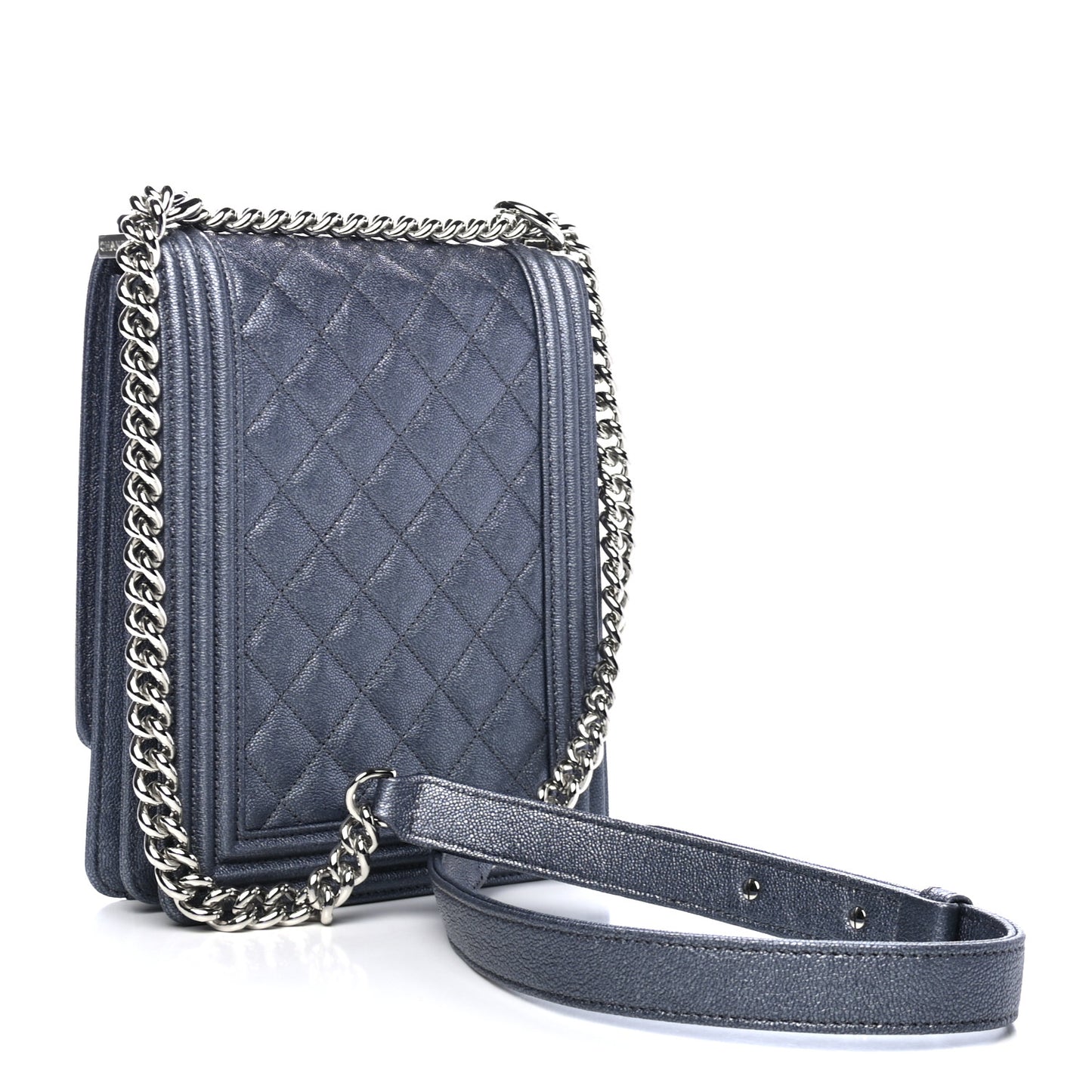 Iridescent Caviar Quilted North South Boy Flap Silver