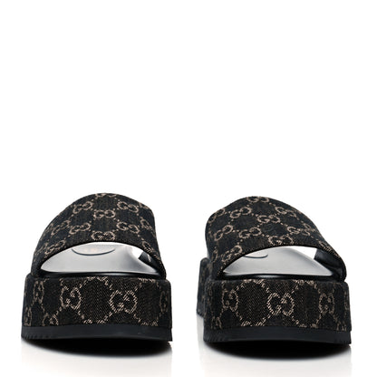 Gucci Jacquard Black Denim GG Monogram Angelina Platform 55mm Slide Sandals 38.5 Black Ivory 2 of 9