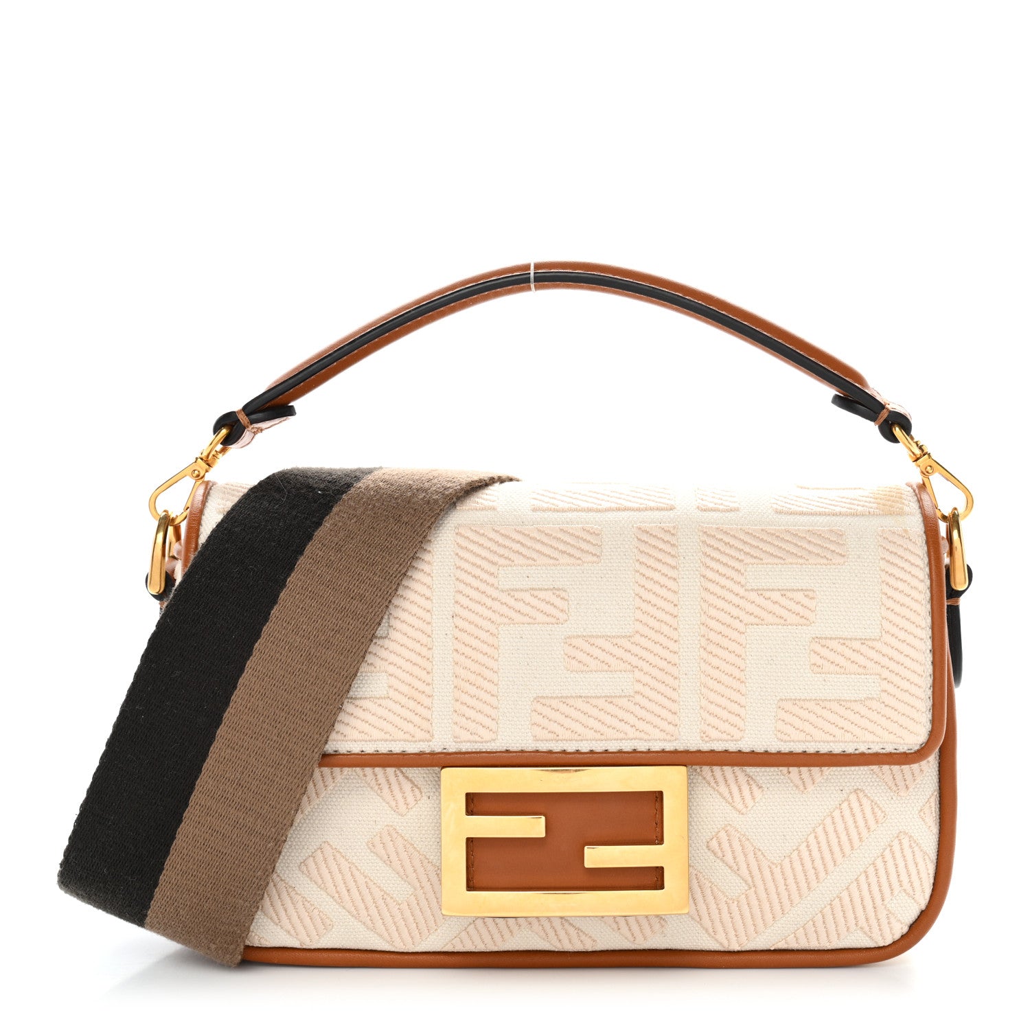 Fendi Canvas Vitello King Bi-Color Strap FF Embroidered Mini Baguette Grezzo Brandy Cuoio 1 of 9