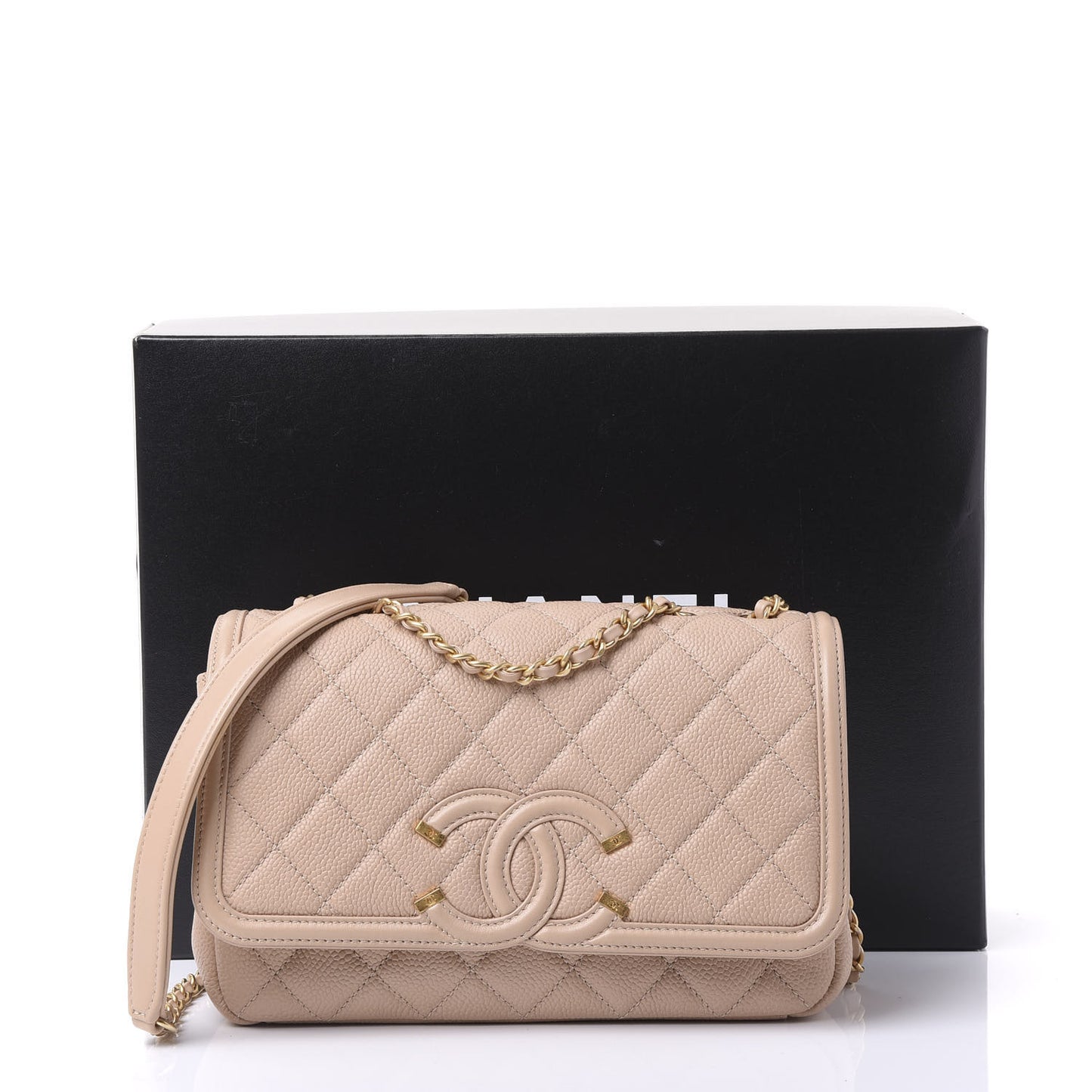 Caviar Quilted Small CC Filigree Flap Beige