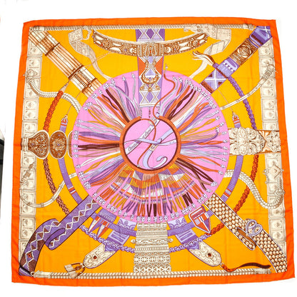 Hermes Cashmere Silk Ceintures et Liens Shawl 140 Orange Bouton D'or Mauve 7 of 16