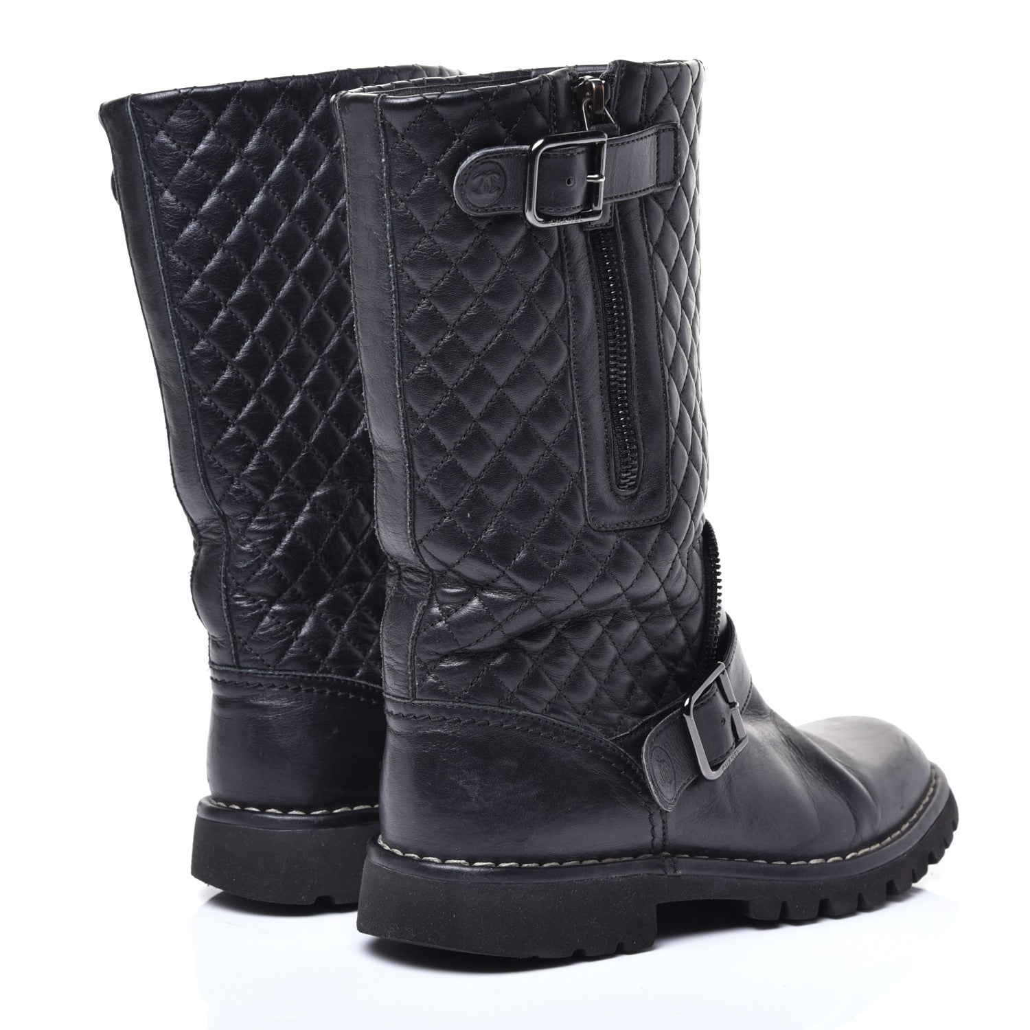 Chanel Calfskin Quilted Biker Boots 36.5 Black 4 of 9