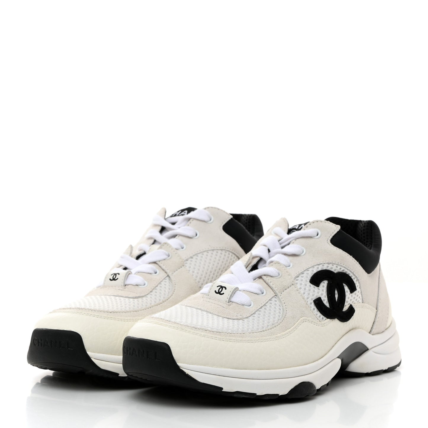 Mesh Suede Calfskin Grained Calfskin Womens CC Sneakers 37 White Black