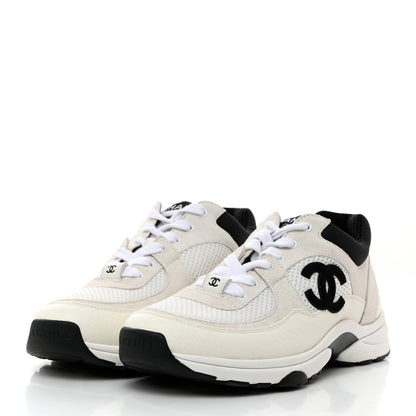 Chanel Mesh Suede Calfskin Grained Calfskin Womens CC Sneakers 37 White Black 3 of 9