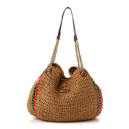 Gucci Raffia Effect Large GG Marmont Shoulder Tote Bag Natural Red Green 1 of 10