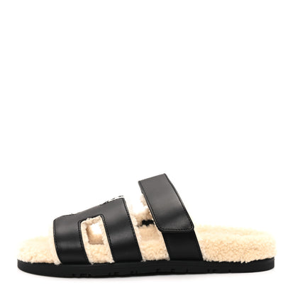 Hermes Calfskin Woolskin Womens Chypre Sandals 38 Black Ecru 1 of 9