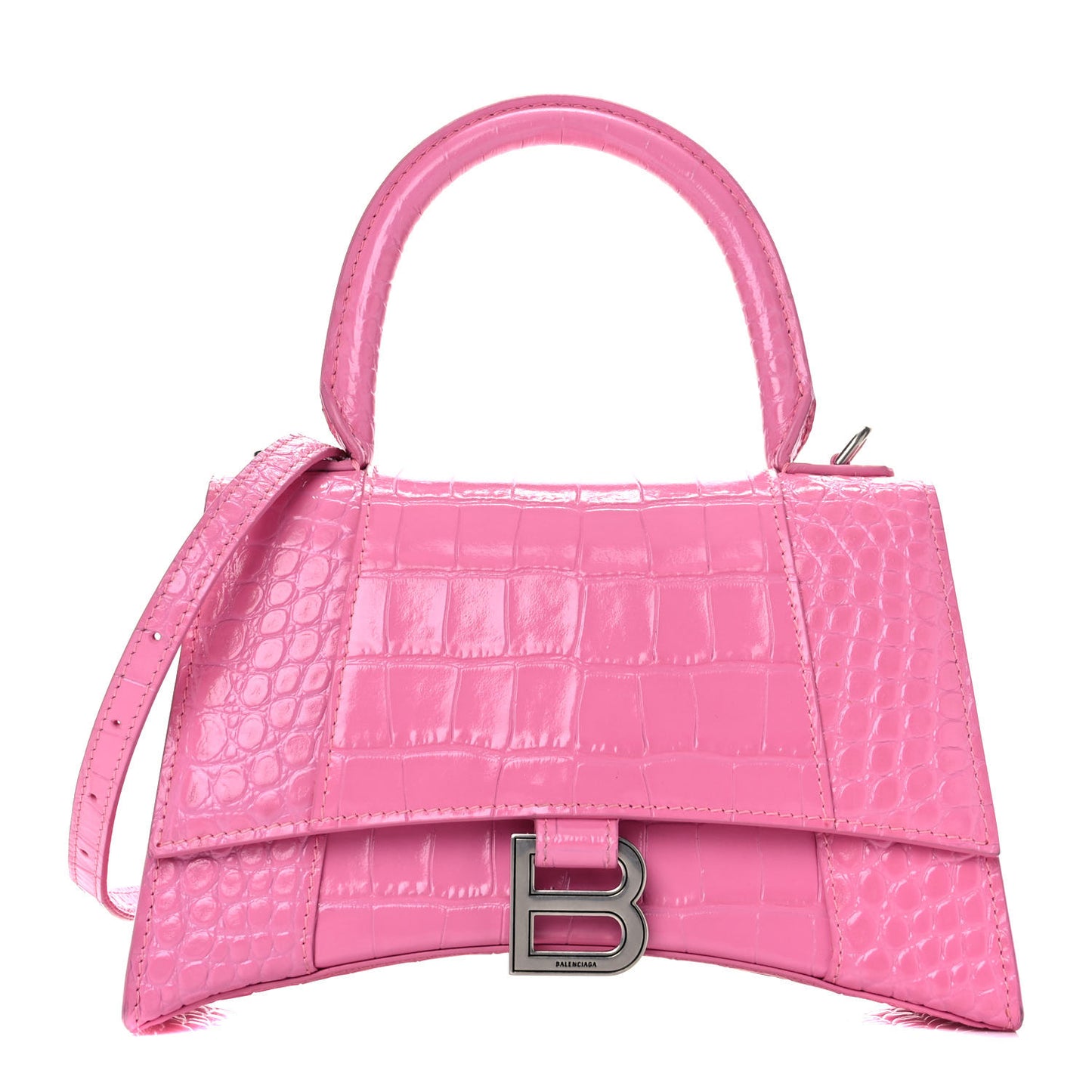 Shiny Calfskin Crocodile Embossed Small Hourglass Top Handle Bag Baby Pink