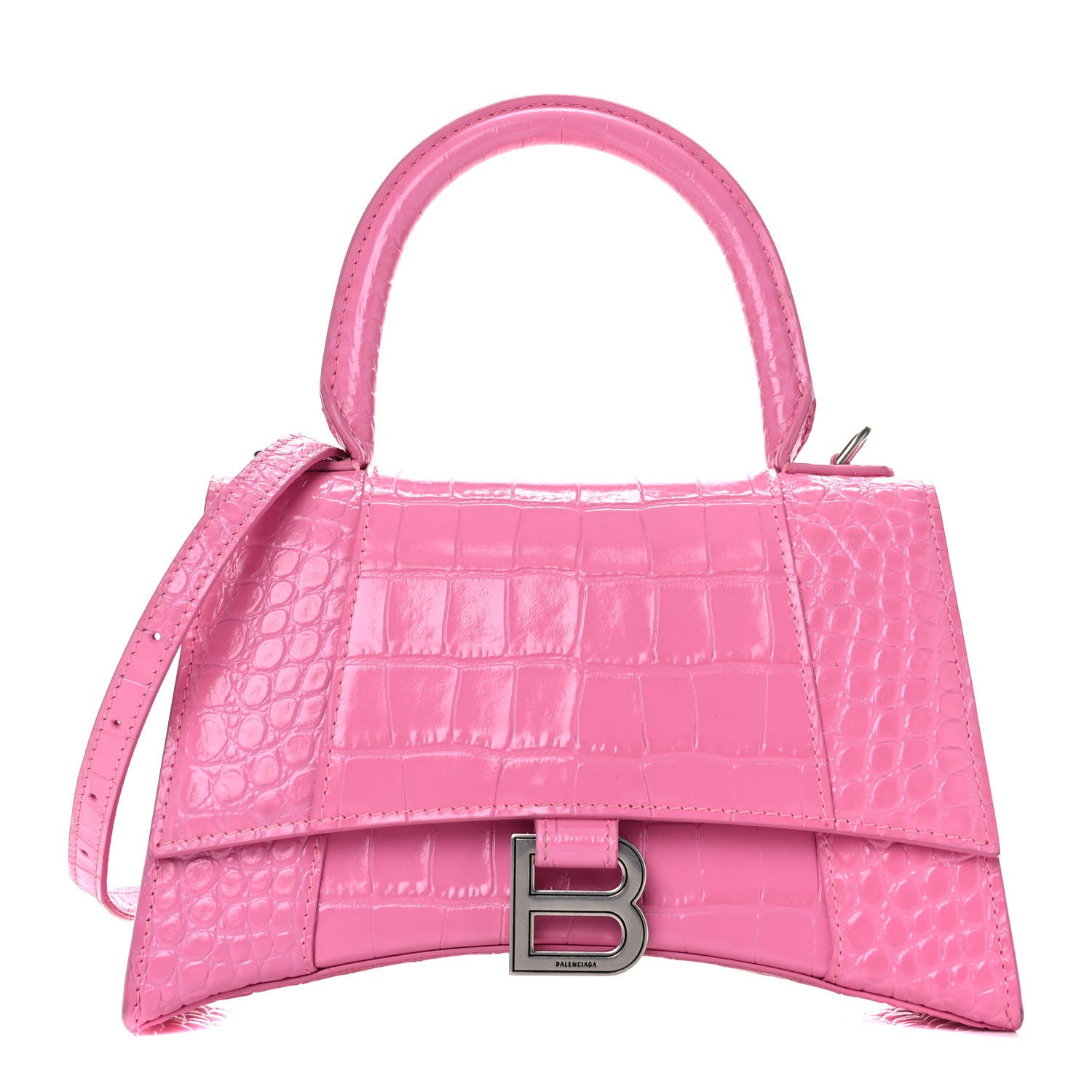 Balenciaga Shiny Calfskin Crocodile Embossed Small Hourglass Top Handle Bag Baby Pink 1 of 11