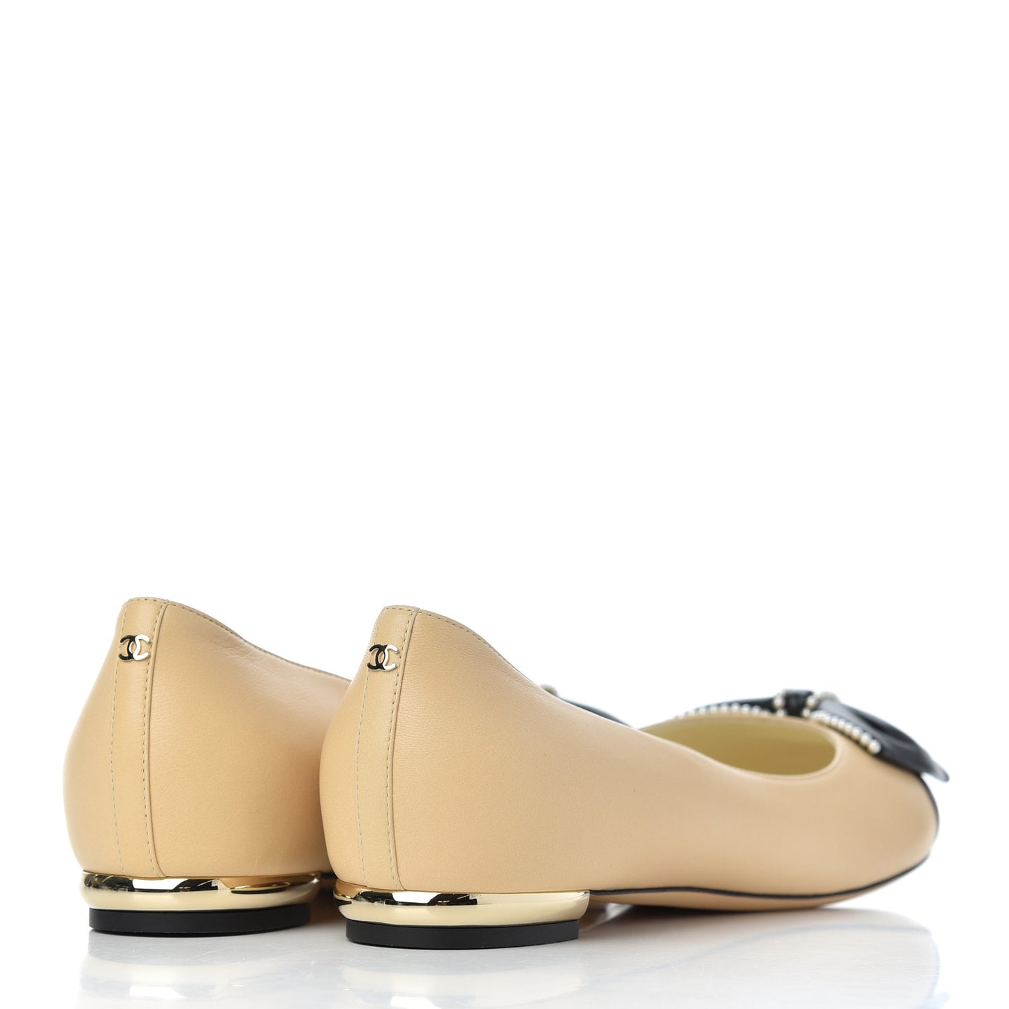 Lambskin Pearl Bow Ballerina Flats 40 Beige Black