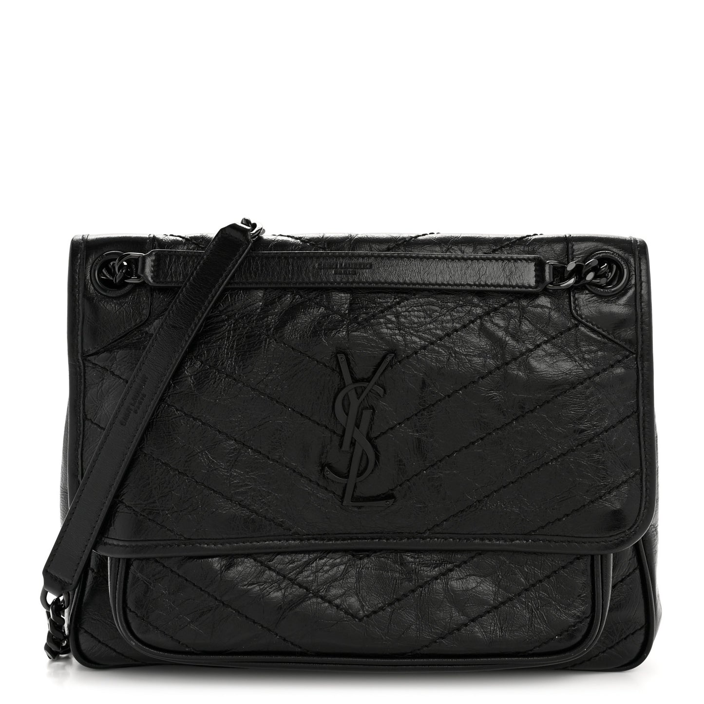 Crinkled Calfskin Matelasse Monogram Medium Niki Chain Satchel Black