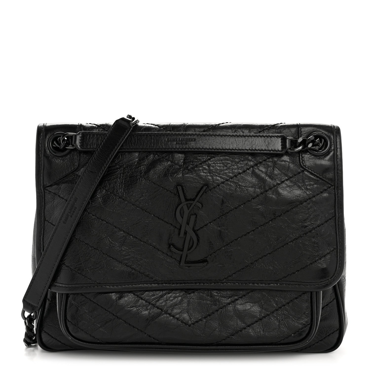 Saint Laurent Crinkled Calfskin Matelasse Monogram Medium Niki Chain Satchel Black 1 of 14