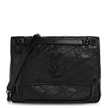 Saint Laurent Crinkled Calfskin Matelasse Monogram Medium Niki Chain Satchel Black 1 of 14